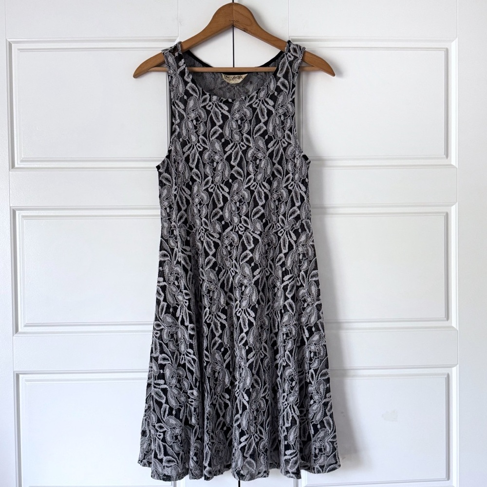 Free People Boho Floral Lace Mini Dress Medium Black Dainty Sheer Fairy Skater